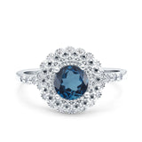 14K White Gold 0.77ct Halo Art Deco Round 5.5mm G SI London Blue Topaz Diamond Engagement Wedding Ring Size 6.5