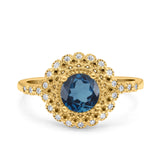 14K Yellow Gold 0.77ct Halo Art Deco Round 5.5mm G SI London Blue Topaz Diamond Engagement Wedding Ring Size 6.5