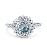 14K White Gold 0.77ct Halo Art Deco Round 5.5mm G SI Natural Aquamarine Diamond Engagement Wedding Ring Size 6.5