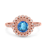 14K Rose Gold 0.77ct Halo Art Deco Round 5.5mm G SI Natural Blue Topaz Diamond Engagement Wedding Ring Size 6.5