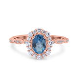 14K Rose Gold 1.19ct Vintage Art Deco Halo Oval 7mmx5mm G SI London Blue Topaz Diamond Engagement Wedding Ring Size 6.5