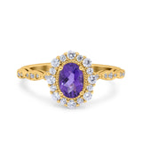 14K Yellow Gold 1.19ct Vintage Art Deco Halo Oval 7mmx5mm G SI Natural Amethyst Diamond Engagement Wedding Ring Size 6.5