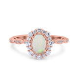 14K Rose Gold 0.43ct Vintage Art Deco Halo Oval 7mmx5mm G SI Natural White Opal Diamond Engagement Wedding Ring Size 6.5