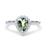 14K White Gold 1.42ct Teardrop Pear Halo 8mmx6mm G SI Natural Green Amethyst Diamond Engagement Wedding Ring Size 6.5