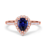 14K Rose Gold 1.42ct Teardrop Pear Halo 8mmx6mm G SI Lab Blue Sapphire Diamond Engagement Wedding Ring Size 6.5