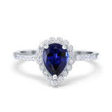 14K White Gold 1.42ct Teardrop Pear Halo 8mmx6mm G SI Lab Blue Sapphire Diamond Engagement Wedding Ring Size 6.5