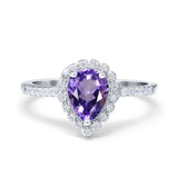 14K White Gold 1.42ct Teardrop Pear Halo 8mmx6mm G SI Natural Amethyst Diamond Engagement Wedding Ring Size 6.5