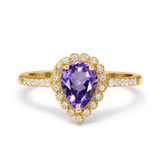 14K Yellow Gold 1.42ct Teardrop Pear Halo 8mmx6mm G SI Natural Amethyst Diamond Engagement Wedding Ring Size 6.5