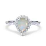14K White Gold 0.17ct Teardrop Pear Halo 8mmx6mm G SI Natural White Opal Diamond Engagement Wedding Ring Size 6.5
