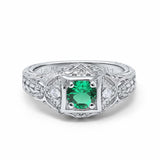 14K White Gold 0.15ct Round Antique Style 5mm G SI Nano Emerald Diamond Engagement Wedding Ring Size 6.5