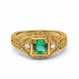 14K Yellow Gold 0.15ct Round Antique Style 5mm G SI Nano Emerald Diamond Engagement Wedding Ring Size 6.5