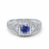 14K White Gold 0.15ct Round Antique Style 5mm G SI Lab Blue Sapphire Diamond Engagement Wedding Ring Size 6.5
