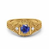 14K Yellow Gold 0.15ct Round Antique Style 5mm G SI Lab Blue Sapphire Diamond Engagement Wedding Ring Size 6.5