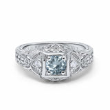 14K White Gold 0.15ct Round Antique Style 5mm G SI Natural Aquamarine Diamond Engagement Wedding Ring Size 6.5