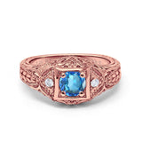 14K Rose Gold 0.15ct Round Antique Style 5mm G SI Natural Blue Topaz Diamond Engagement Wedding Ring Size 6.5