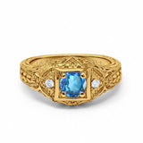 14K Yellow Gold 0.15ct Round Antique Style 5mm G SI Natural Blue Topaz Diamond Engagement Wedding Ring Size 6.5