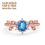 14K Rose Gold Round Natural Blue Topaz G SI 1.02ct Diamond Engagement Ring Size 6.5