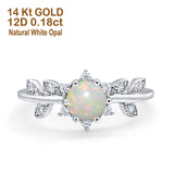 14K White Gold Round Natural White Opal G SI 0.18ct Diamond Engagement Ring Size 6.5