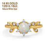 14K Yellow Gold Round Natural White Opal G SI 0.18ct Diamond Engagement Ring Size 6.5