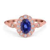 14K Rose Gold 0.9ct Oval 7mmx5mm G SI Nano Blue Sapphire Diamond Engagement Wedding Ring Size 6.5