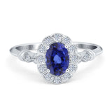 14K White Gold 0.9ct Oval 7mmx5mm G SI Nano Blue Sapphire Diamond Engagement Wedding Ring Size 6.5