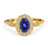 14K Yellow Gold 0.9ct Oval 7mmx5mm G SI Nano Blue Sapphire Diamond Engagement Wedding Ring Size 6.5