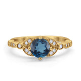 14K Yellow Gold 0.96ct Round Art Deco 6mm G SI London Blue Topaz Diamond Engagement Wedding Ring Size 6.5