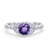 14K White Gold 0.96ct Round Art Deco 6mm G SI Natural Amethyst Diamond Engagement Wedding Ring Size 6.5