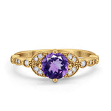 14K Yellow Gold 0.96ct Round Art Deco 6mm G SI Natural Amethyst Diamond Engagement Wedding Ring Size 6.5