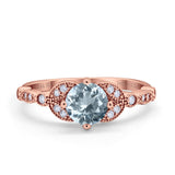 14K Rose Gold 0.96ct Round Art Deco 6mm G SI Natural Aquamarine Diamond Engagement Wedding Ring Size 6.5