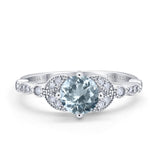 14K White Gold 0.96ct Round Art Deco 6mm G SI Natural Aquamarine Diamond Engagement Wedding Ring Size 6.5