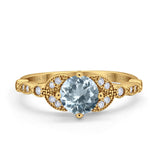 14K Yellow Gold 0.96ct Round Art Deco 6mm G SI Natural Aquamarine Diamond Engagement Wedding Ring Size 6.5