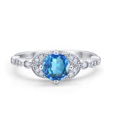 14K White Gold 0.96ct Round Art Deco 6mm G SI Natural Blue Topaz Diamond Engagement Wedding Ring Size 6.5