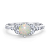 14K White Gold 0.12ct Round Art Deco 6mm G SI Natural White Opal Diamond Engagement Wedding Ring Size 6.5