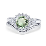 14K White Gold 1.59ct Round Two Piece Halo 7mm G SI Natural Green Amethyst Diamond Engagement Wedding Ring Size 6.5