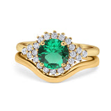 14K Yellow Gold 1.59ct Round Two Piece Halo 7mm G SI Nano Emerald Diamond Engagement Wedding Ring Size 6.5