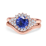 14K Rose Gold 1.59ct Round Two Piece Halo 7mm G SI Nano Blue Sapphire Diamond Engagement Wedding Ring Size 6.5