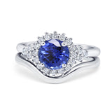 14K White Gold 1.59ct Round Two Piece Halo 7mm G SI Nano Blue Sapphire Diamond Engagement Wedding Ring Size 6.5