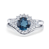 14K White Gold 1.59ct Round Two Piece Halo 7mm G SI London Blue Topaz Diamond Engagement Wedding Ring Size 6.5