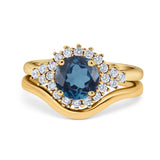 14K Yellow Gold 1.59ct Round Two Piece Halo 7mm G SI London Blue Topaz Diamond Engagement Wedding Ring Size 6.5