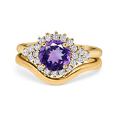 14K Yellow Gold 1.59ct Round Two Piece Halo 7mm G SI Natural Amethyst Diamond Engagement Wedding Ring Size 6.5