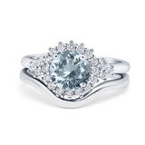 14K White Gold 1.59ct Round Two Piece Halo 7mm G SI Natural Aquamarine Diamond Engagement Wedding Ring Size 6.5