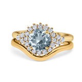 14K Yellow Gold 1.59ct Round Two Piece Halo 7mm G SI Natural Aquamarine Diamond Engagement Wedding Ring Size 6.5