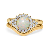 14K Yellow Gold 0.31ct Round Two Piece Halo 7mm G SI Natural White Opal Diamond Engagement Wedding Ring Size 6.5