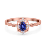 14K Rose Gold 0.5ct Oval Vintage Floral 6mmx4mm G SI Nano Blue Sapphire Diamond Engagement Wedding Ring Size 6.5