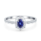 14K White Gold 0.5ct Oval Vintage Floral 6mmx4mm G SI Nano Blue Sapphire Diamond Engagement Wedding Ring Size 6.5