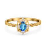 14K Yellow Gold 0.5ct Oval Vintage Floral 6mmx4mm G SI Natural Blue Topaz Diamond Engagement Wedding Ring Size 6.5