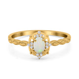 14K Yellow Gold 0.07ct Oval Vintage Floral 6mmx4mm G SI Natural White Opal Diamond Engagement Wedding Ring Size 6.5