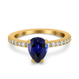 14K Yellow Gold 1.54ct Teardrop Pear Accent 8mmx6mm G SI Nano Blue Sapphire Diamond Engagement Wedding Ring Size 6.5