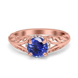 14K Rose Gold 1.11ct Round Art Deco Filigree 6.5mm G SI Nano Blue Sapphire Diamond Engagement Wedding Ring Size 6.5